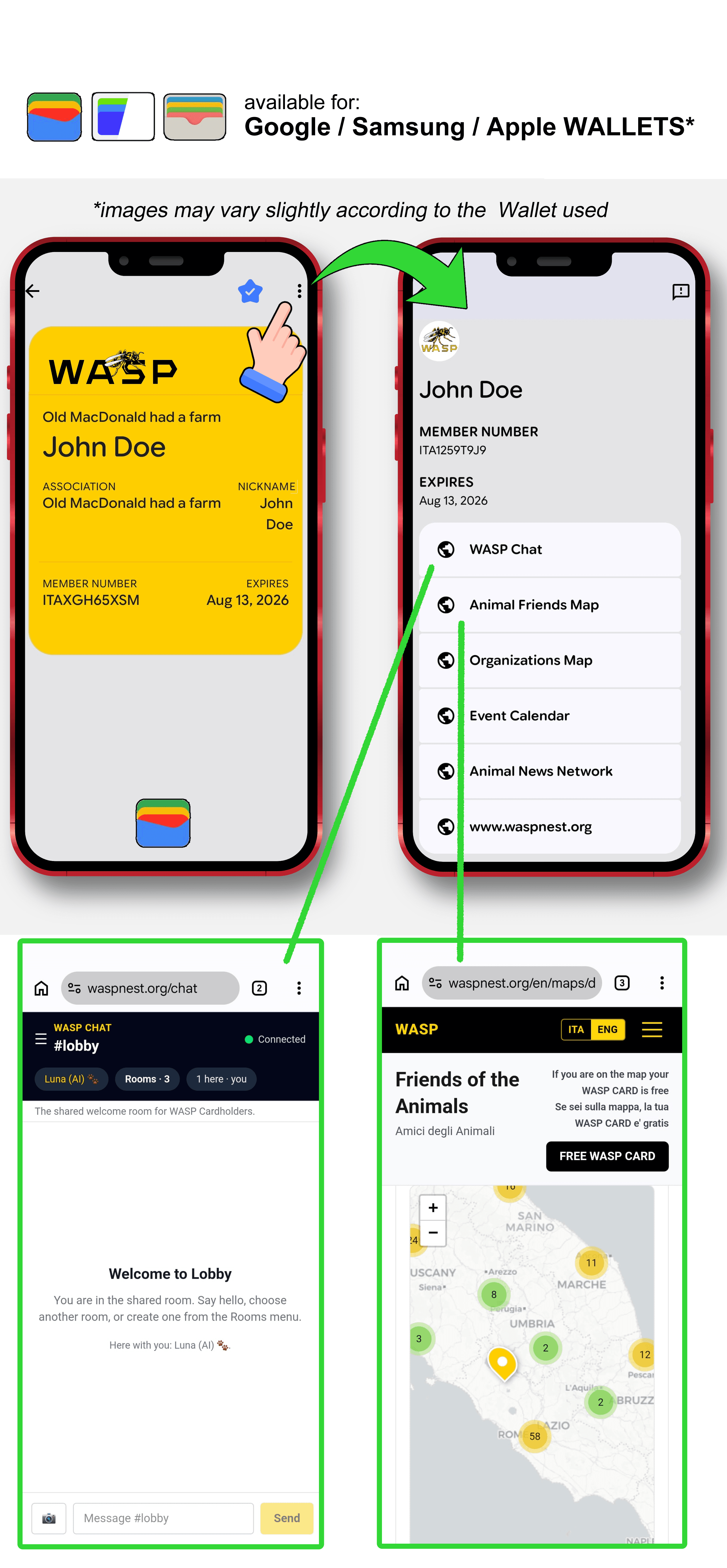 WASP CARD nel wallet del cellulare, con i suoi servizi disponibili